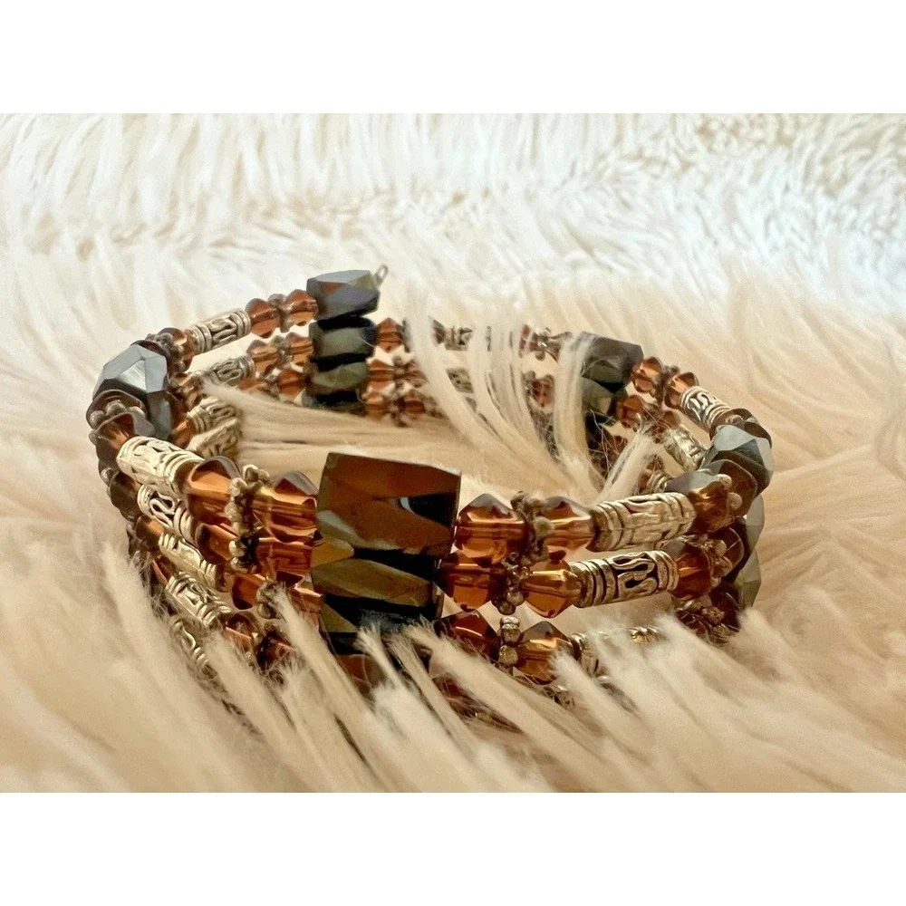 Magnetic Wrap Bracelet Brown Glass Beaded Multi Strand‎ Bronze Black Earthy